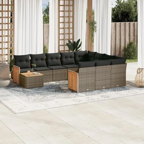 11 pcs conjunto sofás de jardim c/ almofadões vime PE cinzento