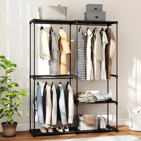 Guarda roupa aberto portátil 142 x 43 x 185 cm com 3 varões para pendurar roupa e 4 prateleiras, preto