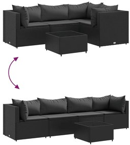 5 pcs conjunto lounge de jardim c/ almofadões vime PE preto