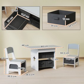 Mesa Infantil com 2 Cadeiras Mesa e Cadeiras para Crianças com 6 Gavetas de Tecido Desenho Estrelas Cinza Claro