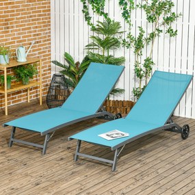 Conjunto de 2 Espreguiçadeiras para Exterior com Encosto Ajustável em 5 Níveis e Rodas para Praia Piscina 165x66x102 cm Azul