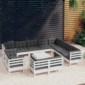 13 pcs conj. lounge de jardim c/ almofadões pinho maciço branco