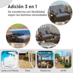 Sofá-cama de rattan para exterior com apoio para os pés com arrumação Encosto ajustável em 4 níveis e tabuleiros laterais retrácteis Castanho/cinzento