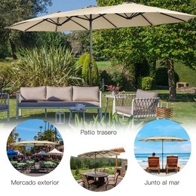 Guarda-sol duplo de 451,5 cm com base Sistema de manivela Estrutura metálica com 12 varas Ventilação para jardim Bege