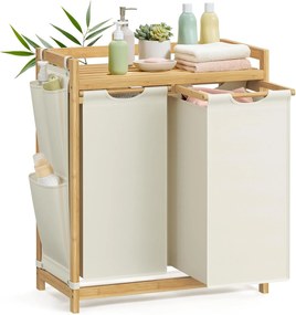 SONGMICS Cesto de roupa suja com 2 compartimentos, cesto de roupa suja de bambu, capacidade de 100 litros com prateleira, bolsos laterais, 2 x 50 L, 63 x 33 x 78 cm, creme branco RLH100W01