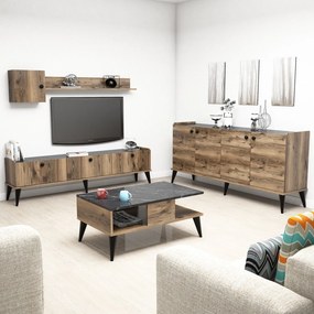 **** Conjunto de Mobiliário de Sala Lidya – Nogueira e Mármore – Diver