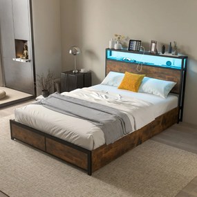 Estrutura de cama de casal 140 x 200 cm em metal (COLCHÃO NÃO INCLUIDO) Cabeceira com luz LED RGB 4 Ligação USB  gavetas de arrumação Castanha
