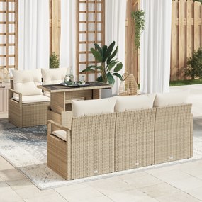 Conjunto de Sofás de Jardim de 6 Peças com Almofadas em Rattan Poliéster Bege