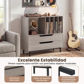 Suporte para gira-discos e para discos de vinil 91 x 36 x 87 cm com compartimento aberto 4 prateleiras e 2 gavetas e pés de metal cinzento