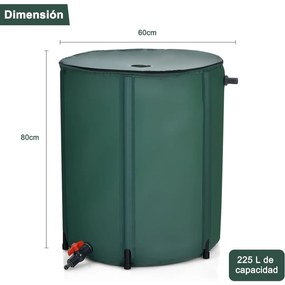 Deposito agua de chuva dobrável 225 L Depósito de água com torneira, válvula de drenagem e filtro para irrigação, pesca, campismo 60 x 80 cm Verde