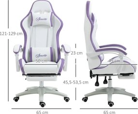 Cadeira Gaming de Couro PU com Altura Ajustável Reclinável 135° e Apoio para os Pés Retrátil 65x65x121-129 cm Branco e Roxo