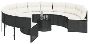 Sofá de jardim com mesa e almofadões redondo vime PE preto