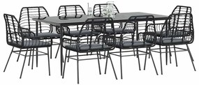 vidaXL Conjunto de jantar jardim 9 peças almofadas vidro vime PE preto