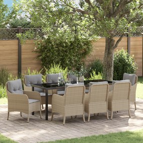 Conjunto de Jantar de Jardim de 9 Peças com Almofadas Bege em Vime Pol