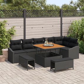 Conjunto de Sofá de Jardim vidaXL de 9 Peças com Almofadas Preto Poly Rattan Acácia