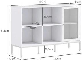 Aparador de Cozinha com Porta de Malha 4 Compartimentos Abertos e Estante Ajustável para Sala 120x37x81,5 cm Branco