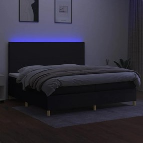 Cama box spring c/ colchão e LED 200x200 cm tecido preto