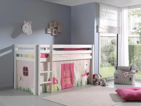 Conjunto Cama alta de Criança PINO 90 x 200 cm + estrado + escada + cortina Primavera Branca