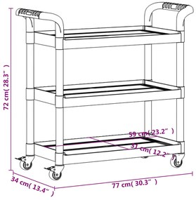 Carrinho c/ 3 prateleiras 77x34x72 cm alumínio cinzento