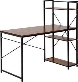 Secretária de canto com arrumação 120 C x 64 L x 121 A cm, estilo industrial, com estante de 3 prateleiras em aglomerado com acabamento em cor nogueir