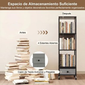 Estante giratória de 4 prateleiras 30 x 30 x 111 cm com rodas de 360°, gaveta estreita removível em tecido e madeira para sala de estar, quarto ou esc