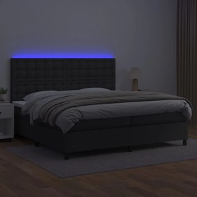 Cama box spring c/ colchão/LED 200x200cm couro artificial preto