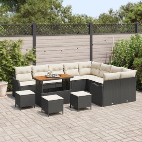 Conjunto de Sofá de Jardim de 13 Peças com Almofadas Preto Vime Poliés