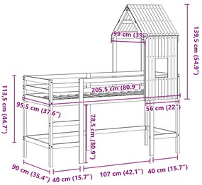 Cama alta c/ escada e telhado 90x200 cm pinho maciço