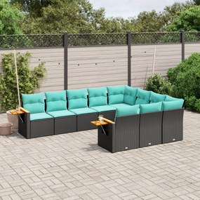 10 pcs conjunto de sofás p/ jardim c/ almofadões vime PE preto