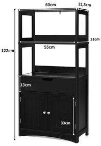 Estante de casa de banho com 3 prateleiras 1 gaveta 1 armário de arrumação Toalha Champô Gel Organizador de cozinha 60 x 32,5 x 122 cm Preto