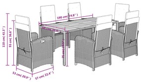 7 pcs conjunto de jantar p/ jardim c/ almofadões vime PE preto