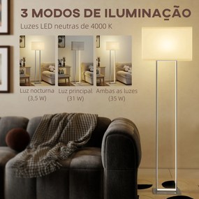Candeeiro de Pé Moderno com Ecrã de Tecido Luz Noturna Interruptor de Pé e Base Metálica 45x15x150 cm Branco