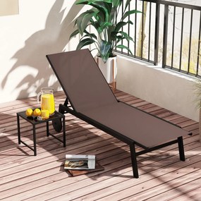 Conjunto de jardim com Espreguiçadeira jardim Tecido respirável Encosto ajustável Rodas e  Mesa de vidro temperado Castanho