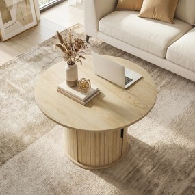 Mesa de centro redonda 80L x 80P x 50A cm, mesa de sala com espaço de arrumação, porta de correr com ripas, 2 prateleiras, efeito de madeira natural