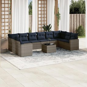 11 pcs conjunto sofás de jardim c/ almofadões vime PE cinzento