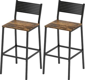 Conjunto de 2 bancos de bar, cadeiras de bar, assento com 72,5 cm de altura, encosto e apoio para os pés, pés em metal, castanho rústico