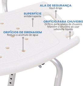 Cadeira para Duche Antiderrapante com Altura Ajustável em 8 Níveis Cadeira de Banho 50,6x43x71-88 cm Branco