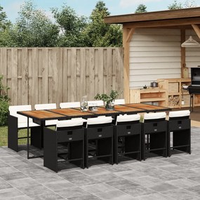 11 pcs conjunto de jantar p/ jardim c/ almofadões vime PE preto