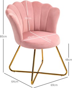 Cadeira de Toucador em forma de concha 69 x 64 x 80 cm, poltrona em veludo, poltrona de sala com pés em aço, rosa