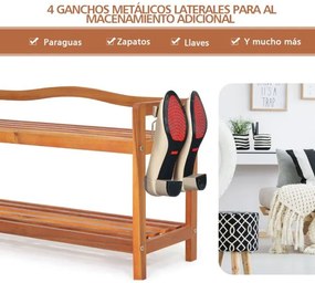 Sapateira de 2 níveis para sapatos 74 x 26 x 42 cm em madeira de acácia com 4 ganchos metálicos laterais Castanho