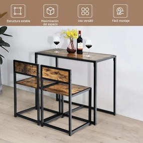 Conjunto com Mesa Compacta e 2 Cadeiras com Estrutura Metálica para Pequenos Espaços Cozinha Sala de Jantar Castanho rustico e preto