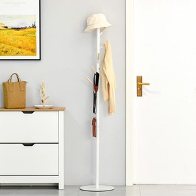 Cabide de Pé de Madeira Cabide de Pé com 6 Ganchos para Roupa Bolsas e Estrutura de Metal para Sala de Estar Entrada Dormitório 35x35x174cm Branco