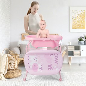 Troca-fraldas com banheira, portátil e dobrável, almofada em PVC, bandeja de armazenamento com 4 rodas universais Rosa