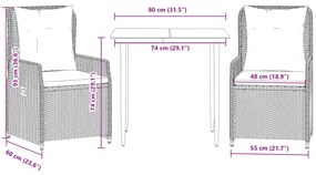 3 pcs conjunto de jantar p/ jardim c/ almofadões cinzento claro