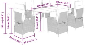 7 pcs conjunto de jantar p/ jardim c/ almofadões vime PE preto