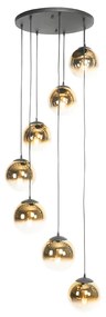 Candeeiro de suspensão Art Déco preto com vidro dourado 7 luzes - Pallon Art Deco