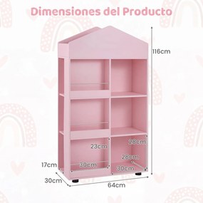 Estante infantil de madeira com 64 x 30 x 116 cm, em forma de casinha para bonecas, com compartimentos, para quarto de bebé, Rosa
