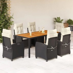 7 pcs conjunto de jantar p/ jardim c/ almofadões vime PE preto