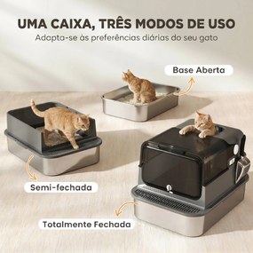 Caixa de Areia para Gatos XXL em Aço Inoxidável com Tampa Basculante, Laterais Altas, Entrada Superior, Pá, Preto