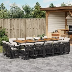 vidaXL 15 pcs conjunto de jantar p/jardim com almofadões vime PE preto